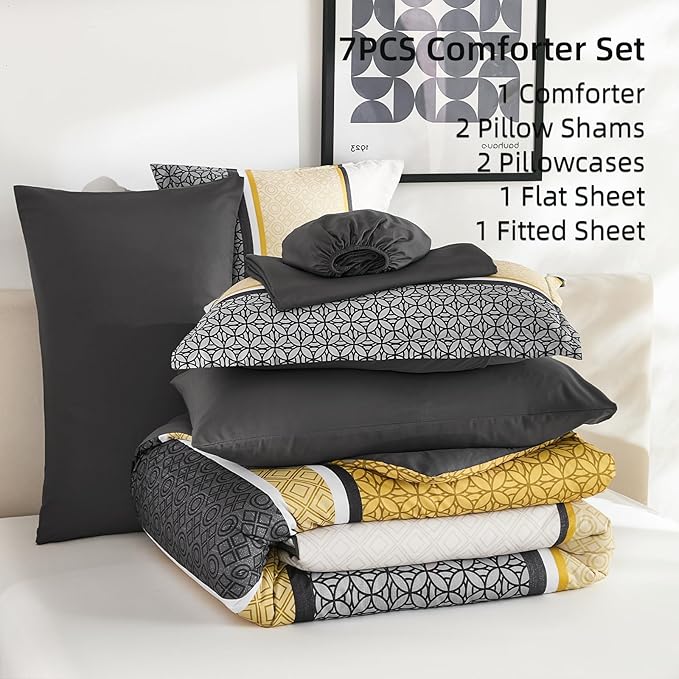 WONGS BEDDING Yellow Grey Queen Comforter Set 7 Pieces, Boho Striped Bed in a - Image 6