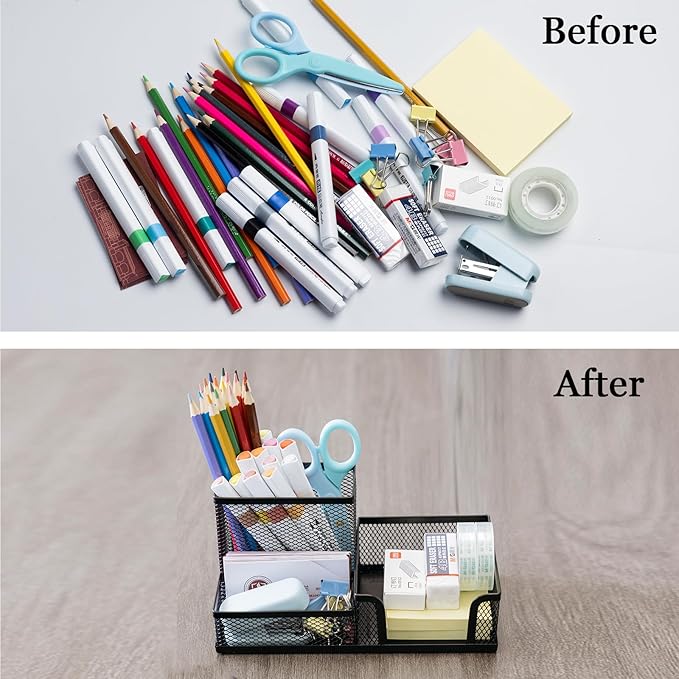 4 Pieces Mesh Pen Holder Desk Organizers and Accessories for Deskop Organizer,3 Compartments Black Pencil Holder for Office Supplies,Gifts for Colleague-DeskoryOffice