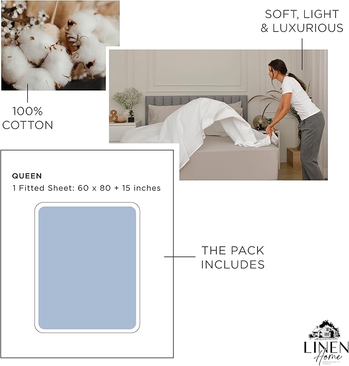 Linen Home 100% Cotton Percale Weave Fitted Sheet, Queen Size, Baby Blue - Image 6