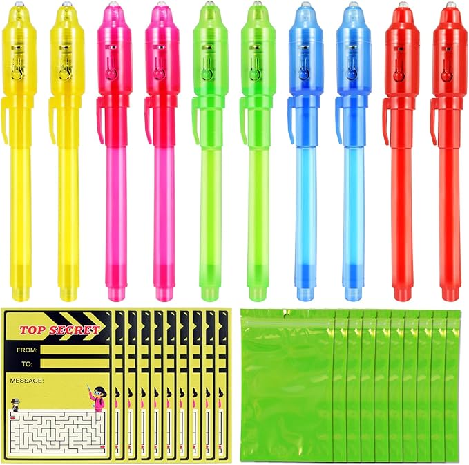 10 Pcs Invisible Ink Pens with UV Led dark light, Word Search & Maze Activities Cards and Bags Included, End of School Year Gift, Fun for Kids' Birthday, Halloween, Christmas, Goodie bag stuffers-DeskoryOffice