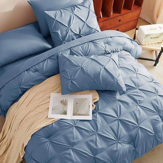 CozyLux Full Size Comforter Sets Grayish Blue, 7 Pieces Pintuck Bed in A Bag - Image 4
