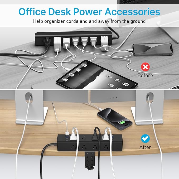CCCEI Desk Outlet Station 45W USB C Port. 12 Outlet Desktop Clamp Power Strip Surge Protector 4800J with Switch. Nightstand Office Standing Desk Accessories Fit Thicker Table Edge or Screw Mount, 10FT-DeskoryOffice