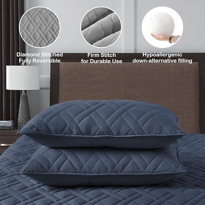 HORIMOTE HOME Quilt Set King Size Navy Blue, Classic Geometric Diamond Stitched - Image 4