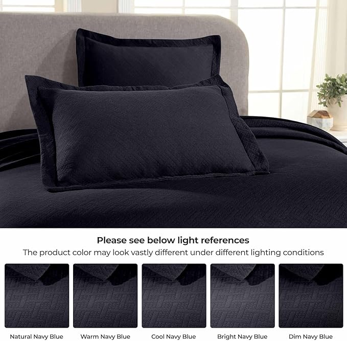 Superior 3 Piece Basketweave Cotton Bedspread Set, Home Bed Decor, Decorative Bed Spread, 2 Pillow Shams, Medium Weight Blanket, Matelasse Coverlet Bedding, Geometric Lattice Pattern, Queen, Navy Blue