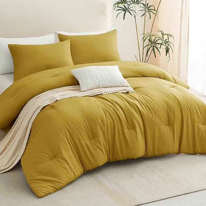 CozyLux King Size Comforter Set Mustard Yellow, 3 Pieces Solid Comforters King - Image 7