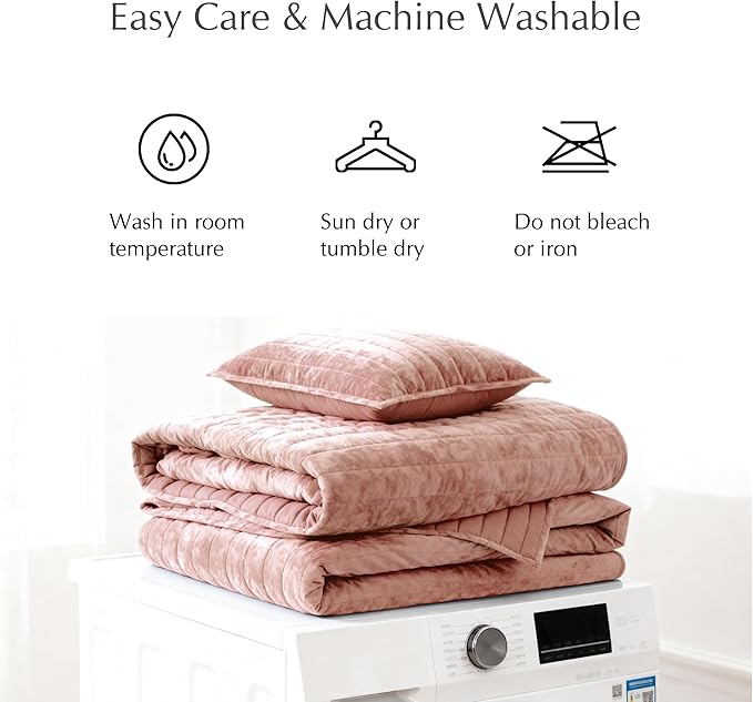 WRENSONGE Velvet Queen Quilt Set-3 Pieces Clay Pink Luxurious Velvet Striped - Image 9