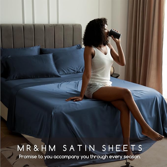 MR&HM Satin Bed Sheets with Elastic Corner Straps, King Size Sheets Set - Image 6