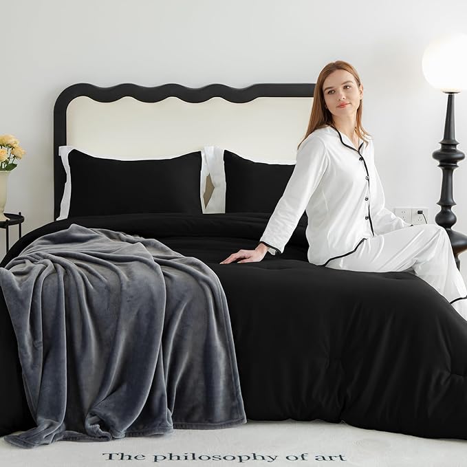 CozyLux King Size Comforter Set Black, 3 Pieces Solid Comforters King Size - Image 9