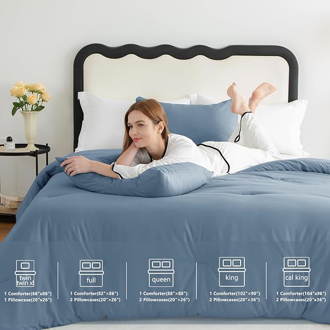 CozyLux Grayish Blue Full Size Comforter Set, 3 Pieces Dusty Blue Solid - Image 6