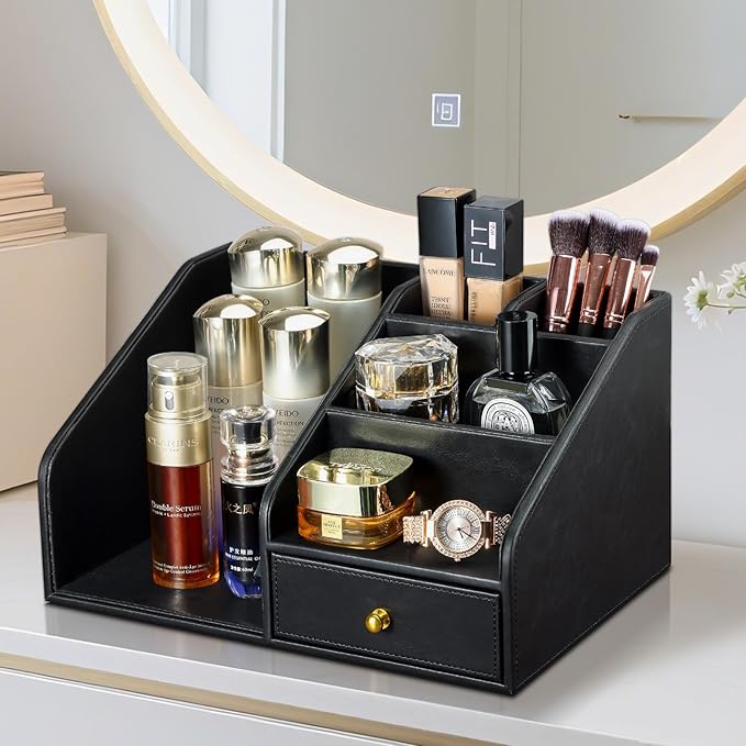 KINGFOM PU Leather Desk Organizer, Multifunction 6 Compartment Desk Organizers and Accessories for Office Supplies, Pen Pencil Holder/Book Mail Organizer Holder for Desk with Drawer(Black)-DeskoryOffice