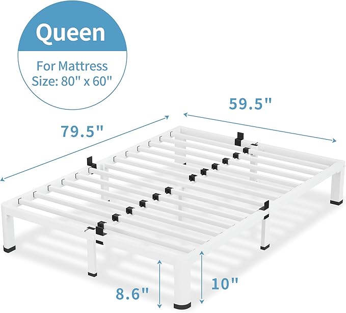 10 Inch White Queen Bed Frame, 3500Lbs Heavy Duty Metal Platform with Round Corner Legs Mattress Slide Stopper, Steel Slat Support No Box Spring Needed, Noise Free, Non-Slip, Easy Assembly