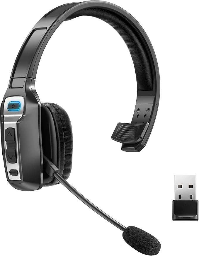 Trucker Bluetooth Headset, V5.2 Wireless Headset with Upgraded Microphone AI Noise Canceling, On Ear Bluetooth Headphone with Mute for Driver Office Call Center (Black+Dongle)-DeskoryOffice