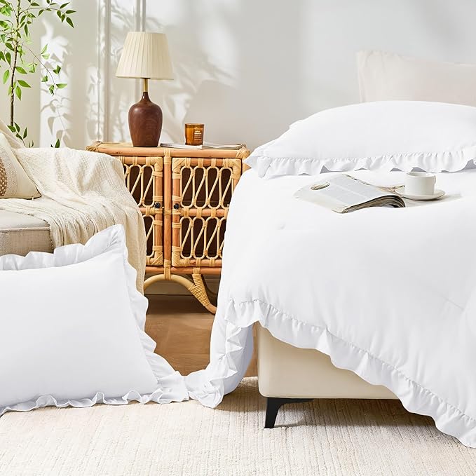 FUANNA Queen Comforter Set White 3 Pieces, Ruffle Shabby Chic Queen Bed Set - Image 8
