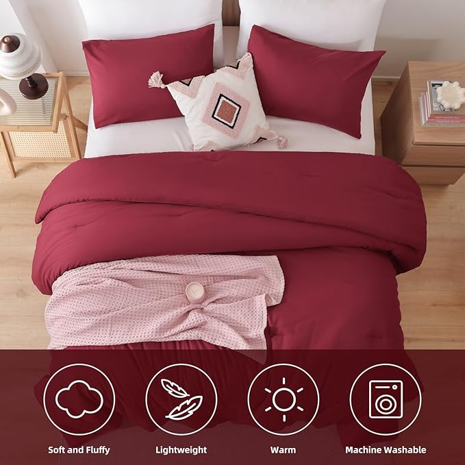 ROSGONIA Queen Comforter Set Dark Red - Image 5