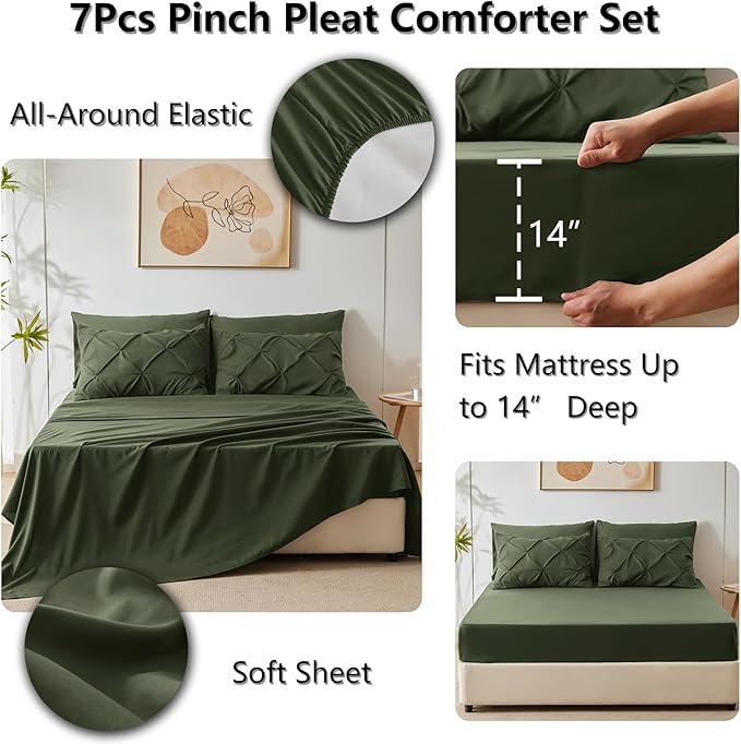 CozyLux Queen Comforter Set Olive Green, 7 Pieces Pintuck Bed in A Bag - Image 6