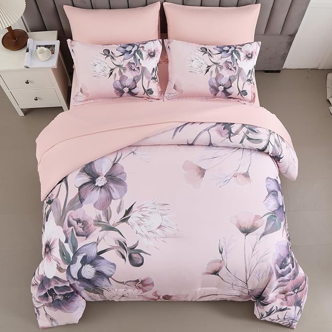 Luxudecor Floral Comforter Set King Size 7 Piece, Blush Pink Flower Bed in a Bag - Image 3
