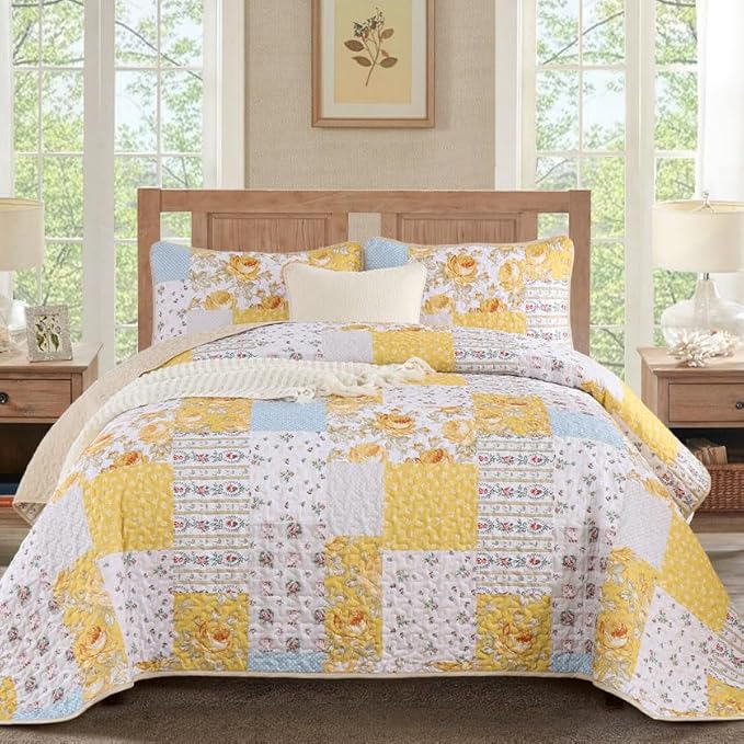 Anibedding Yellow Patchwork Quilt Set King Size Boho Floral Plaid Bedspread by Anibedding