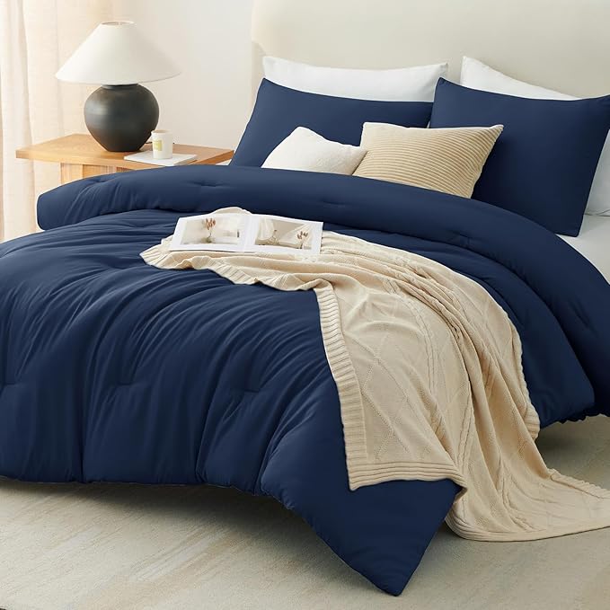 CozyLux Navy Blue King Size Comforter Set, 3 Pieces Solid Breathable Quilted - Image 8