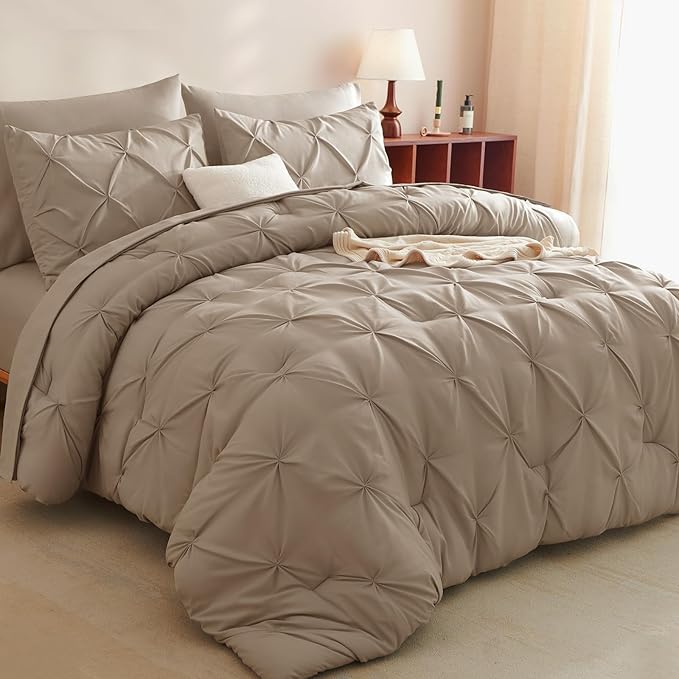 CozyLux Queen Comforter Set Khaki, 7 Pieces Pintuck Bed in A Bag, Premium Khaki by CozyLux