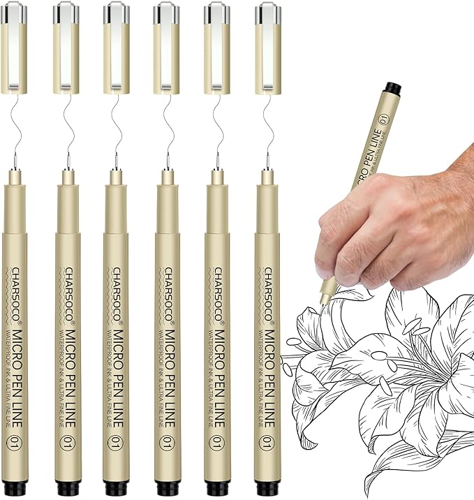 01 Micro Pen, 6 Pack Black Fine Point Pen with Waterproof Archival Ink, 0.25mm Fineliner Ink Pens for Artist Illustration, Sketching, Anime, Manga, Technical Drawing and Scrapbooking-DeskoryOffice