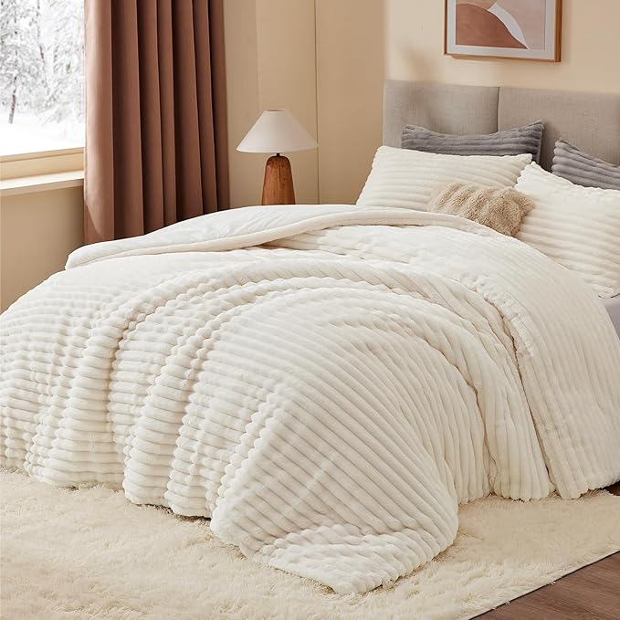 BEDELITE Fleece California King Comforter Set -Super Soft & Warm Fluffy Cream - Image 2