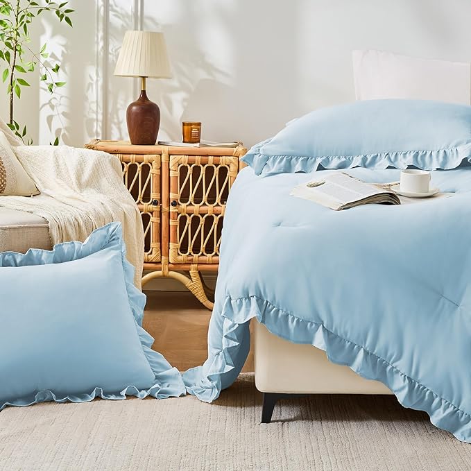 FUANNA Queen Comforter Set Light Blue, 3 Pieces Ruffle Queen Bed Set, Fluffy - Image 7