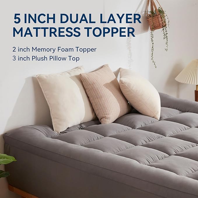 BDEUS Dual Layer 5 Inch Memory Foam Mattress Topper Full Size, 2 Inch Gel - Image 2