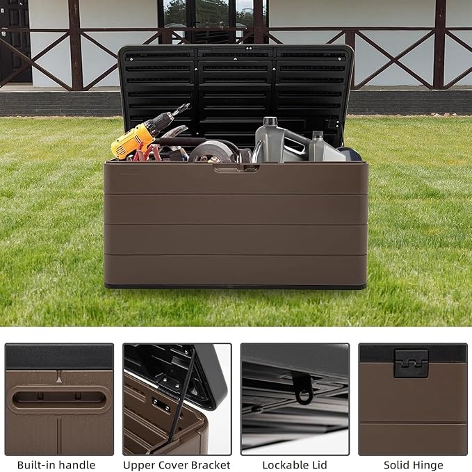 100 Gallon Plus Resin Deck Box, Waterproof Outdoor Storage Bin for Patio Furniture, Pool Accessories, and Garden Tools, Lockable & UV-Resistant, Brown-DeskoryOffice