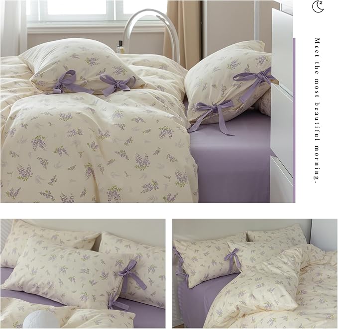 mixinni Lavender Flower Duvet Cover King Cotton Teenage Girls Flower Leaf Print - Image 7