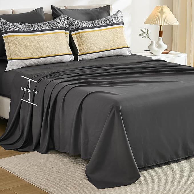 WONGS BEDDING Yellow Grey Queen Comforter Set 7 Pieces, Boho Striped Bed in a - Image 5
