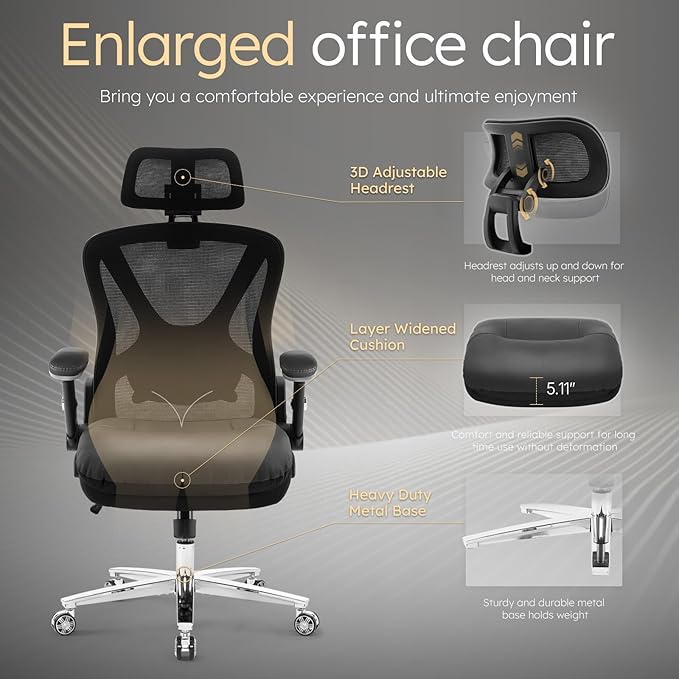 750lbs Big and Tall Office Chair- Heavy Duty Executive Chair with 5D Flip Arms and Adjustable Lumbar Support, Ergonomic Mesh High Back Desk Chair, Ergonomic Executive Home Office Computer Chair-DeskoryOffice