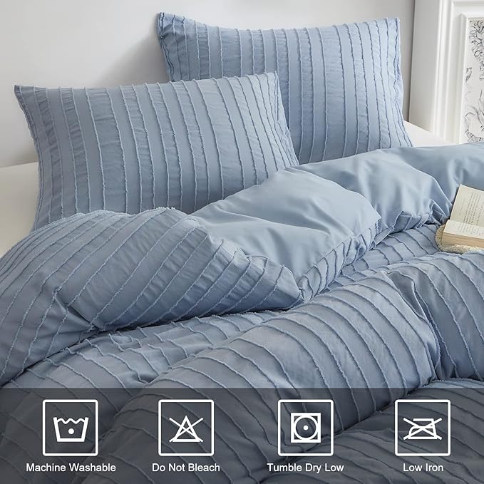 WARMDERN Blue Striped Duvet Cover Set, Boho Textured Tufted Bedding, 2 Piece - Image 7
