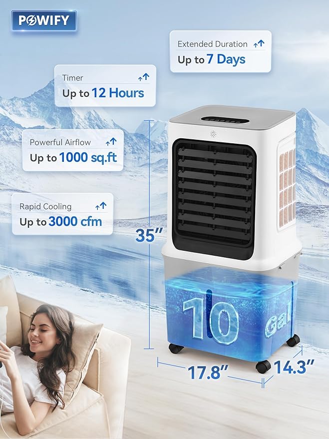 10 Gal Evaporative Air Cooler, 3000CFM Quiet Portable Air Conditioners, 35" Fast Cooling Swamp Cooler, 120° Oscillation, 12H Timer, 3 Speeds & Modes Remote Control for Living Room|Bedroom|Garage-DeskoryOffice