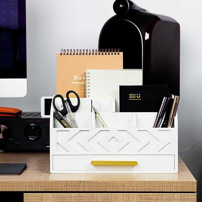 Wooden Desk Organizer Mail Organizer Countertop, Desktop Organizer Mail Sorter Mail Holder Bill Organizer for Desk, Desk Organizers and Accessories for Women (White)-DeskoryOffice