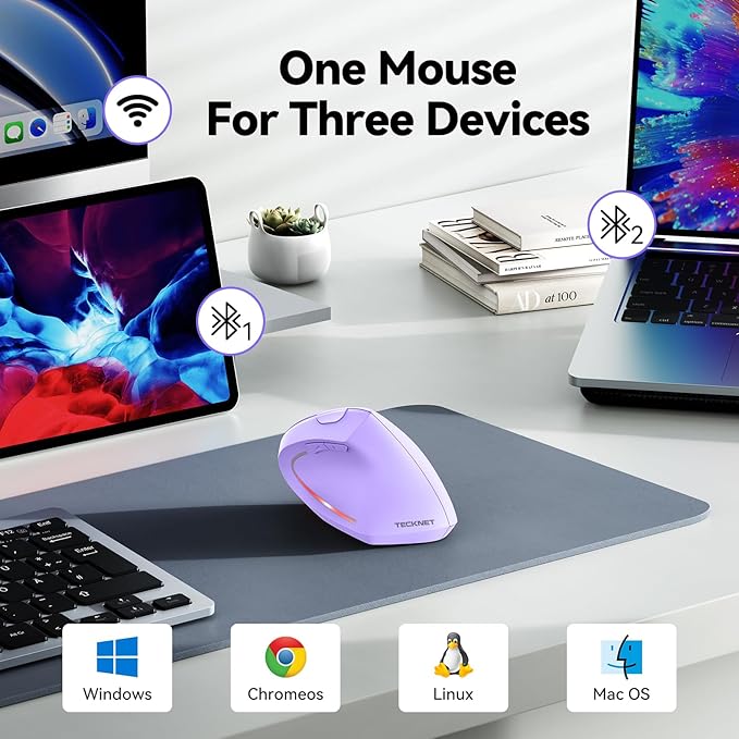 TECKNET Ergonomic Mouse, Wireless Bluetooth Vertical Mouse, 4800 DPI Optical Tracking, 6 Adjustable DPI, Quiet Clicks, 2.4GHz with USB A Receiver, 12 Months Battery, 6 Buttons, Wide Compatibility-DeskoryOffice