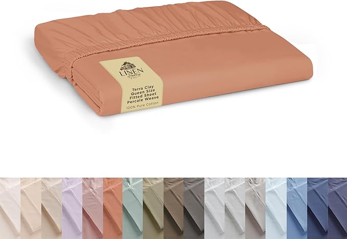 Linen Home 100% Cotton Percale Weave Fitted Sheet, Queen Size, Tera Clay by LINENHOME