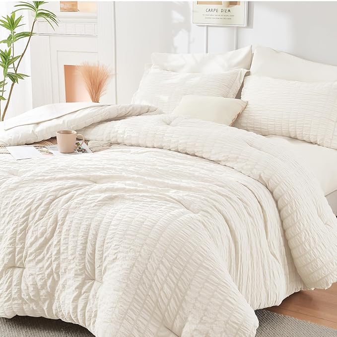 HYMOKEGE Ivory King Size Comforter Set Seersucker 7 Pieces, All Season Luxury by HYMOKEGE