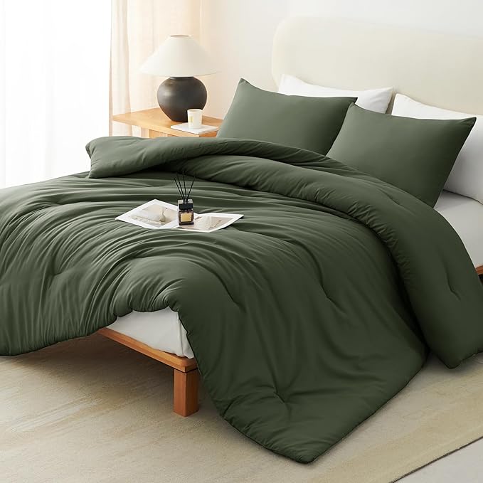 CozyLux Full Size Comforter Set Dark Green, 3 Pieces Solid Breathable Quilted by CozyLux