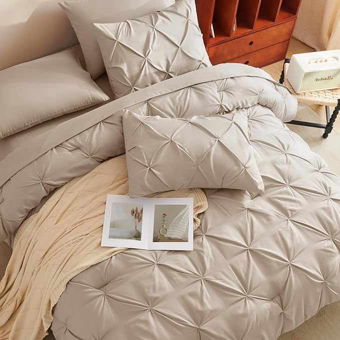 CozyLux Queen Comforter Set Wheat, 7 Pieces Pintuck Bed in A Bag, Premium Wheat - Image 7