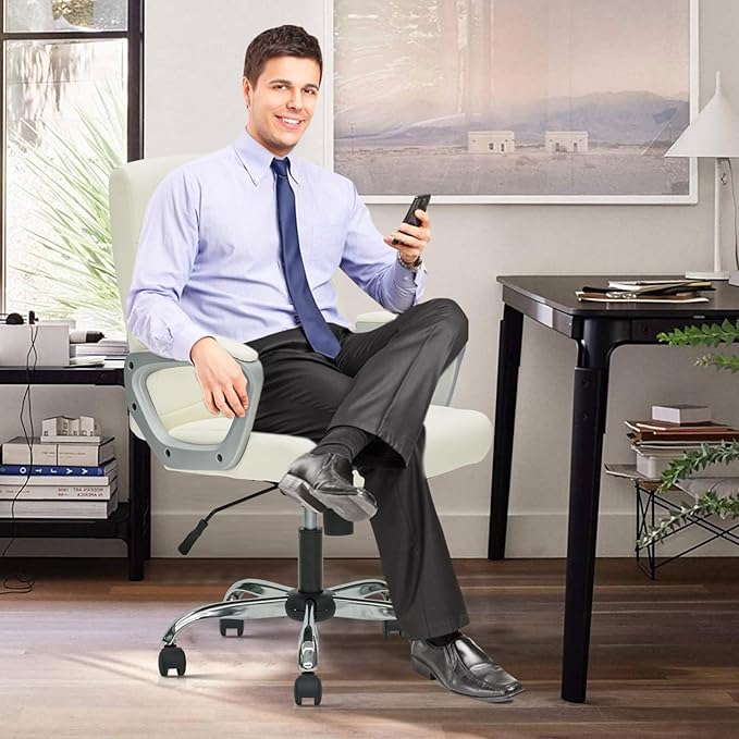 CLATINA Office Computer Desk Chair Executive Mid Back Chair Comfortable Ergonomic Managerial Chair Adjustable PU Leather Home Office Desk Chair Swivel, White 2PK-DeskoryOffice