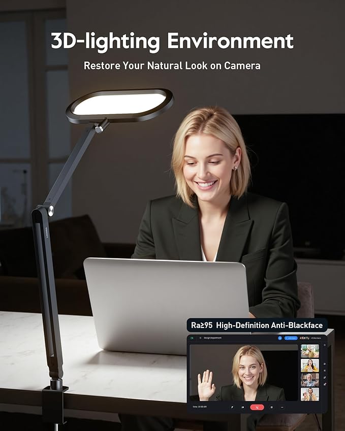 Desk Lamp for Home Office, Eye-Care Dual-Sided Seamless Dimmable LED Desk Light with Knob Remote, Adjustable Arm Clamp Computer Lighting for Video Conference Recording, Zoom Call, Task, Stream-DeskoryOffice