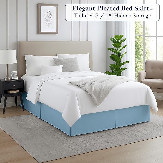 Queen Bed Skirt, Luxury 18 Inch Drop Light Blue Pleated Bed Skirt, Double Brushed Microfiber, Box Pleat Design, Wrinkle & Fade Resistant, Easy Fit Tailored Bedskirt for Queen Size Beds