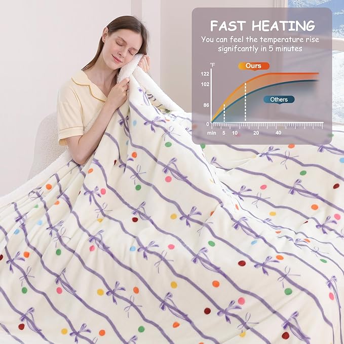 Purple Bow Heated Blanket Twin Size 62" x 84" - Image 4