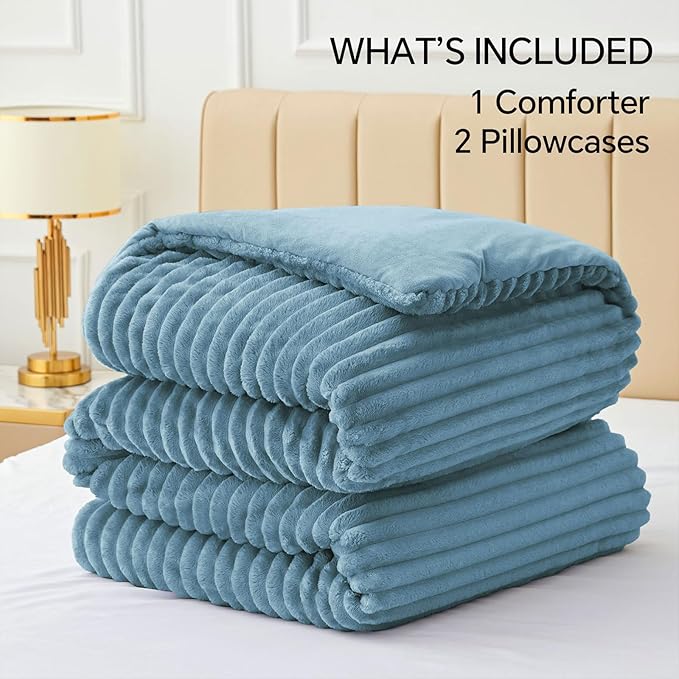 BEDELITE Fleece Full Comforter Set -Super Soft & Warm Fluffy Blue Fog Bedding - Image 6