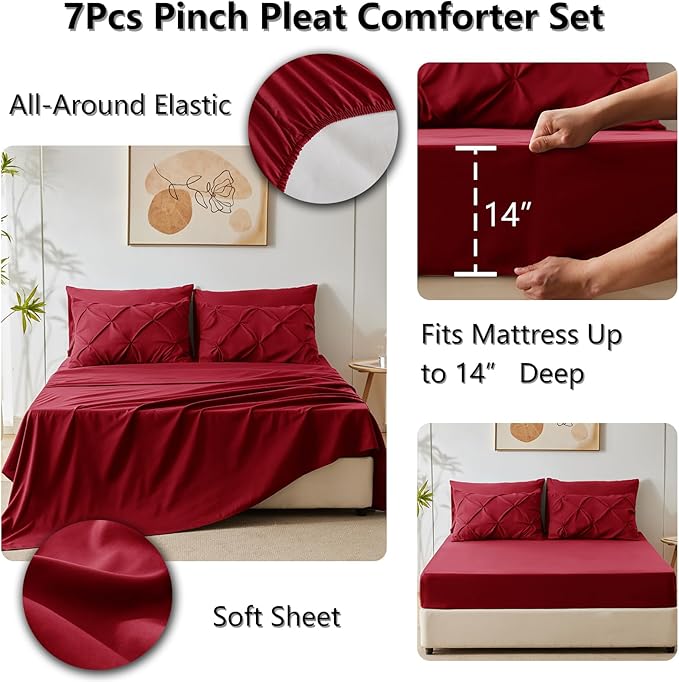 CozyLux Full Size Comforter Sets Dark Red, 7 Pieces Pintuck Bed in A Bag Red - Image 6