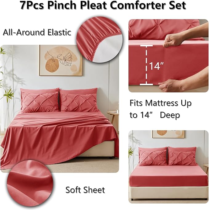CozyLux Queen Comforter Set Coral, 7 Pieces Pintuck Bed in A Bag, Premium Coral - Image 6