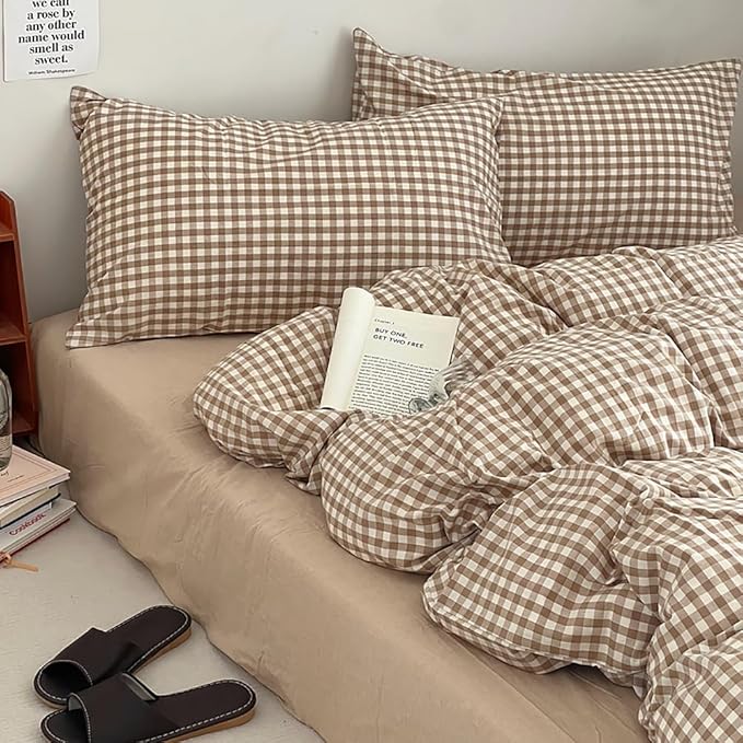 Nayoroom Brown Gingham Duvet Cover King Size Tan White Plaid Checkered Duvet - Image 6
