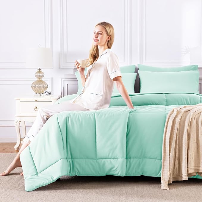 CozyLux Queen Comforter Set Mint Green, 7 Pieces Bed in a Bag, All Season - Image 7