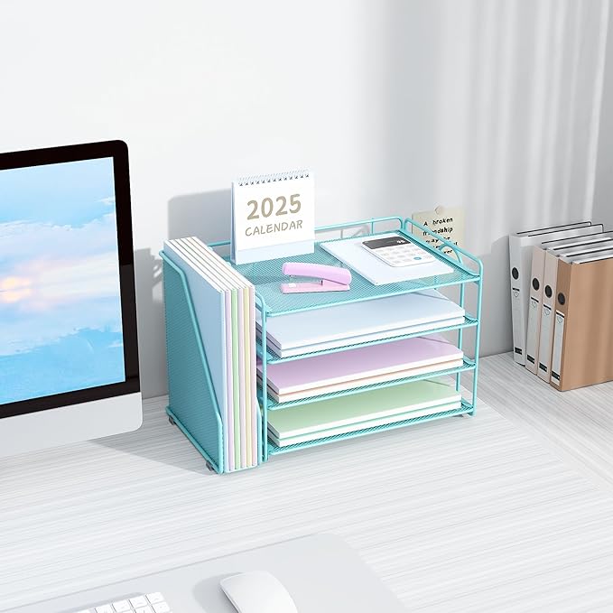 Spacrea Desk Organizers and Accessories, Paper Organizer for Desk with File Organizer, Desk Accessories & Workspace Organizers for Office Supplies (Blue)-DeskoryOffice