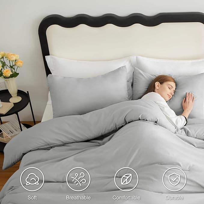CozyLux Queen Comforter Set Light Grey, 3 Pieces Solid Comforters Queen Size - Image 5